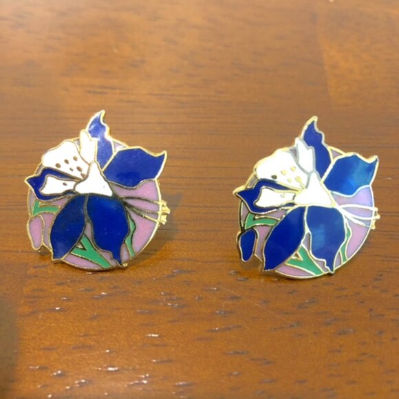 Circular Gold Tone Blue Pink Floral Boho Stud Earrings. - Picture 1 of 10